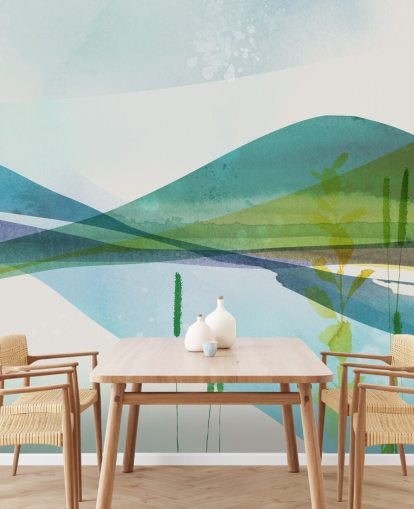 papier peint abstrait lac bleu, vert et jaune