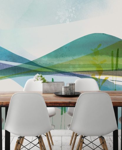 blauw, groen en geel abstract meerbehang