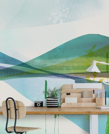 papier peint abstrait lac bleu, vert et jaune