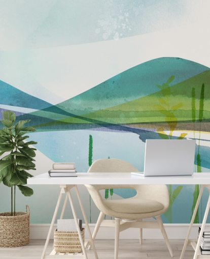 blue, green and yellow abstract lake wallpaper