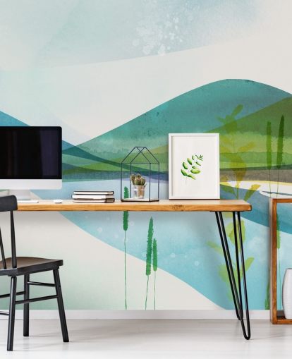 blue, green and yellow abstract lake wallpaper