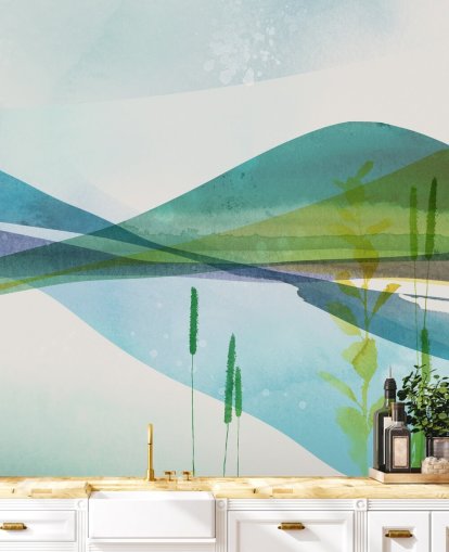 papier peint abstrait lac bleu, vert et jaune