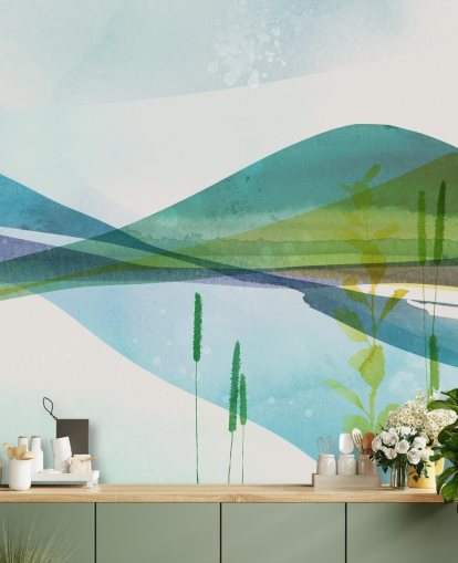 blå, grønn og gul abstrakt innsjø tapet