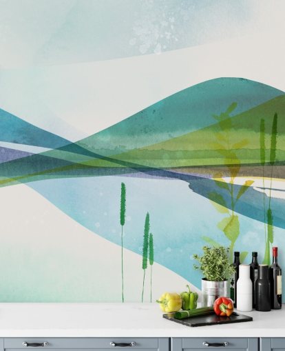 blue, green and yellow abstract lake wallpaper