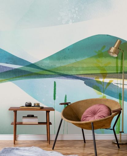 blue, green and yellow abstract lake wallpaper