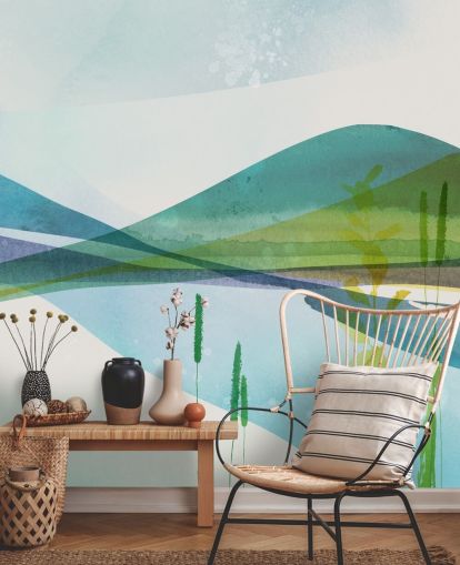 blå, grøn og gul abstrakt sø tapet