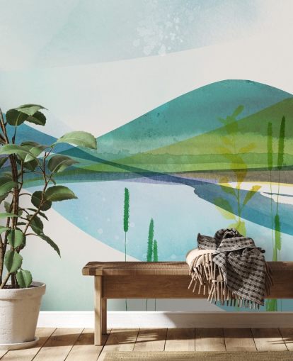 blauw, groen en geel abstract meerbehang