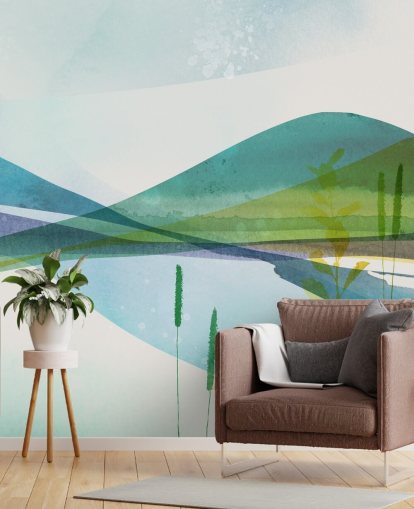 sininen, vihreä ja keltainen abstrakti järvi tapetti