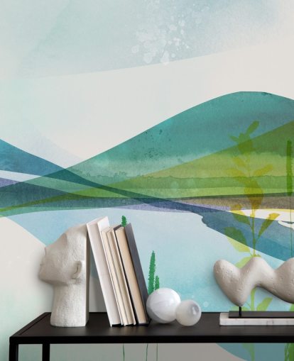 blauw, groen en geel abstract meerbehang