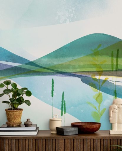 blue, green and yellow abstract lake wallpaper