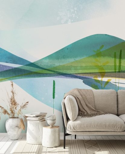 papier peint abstrait lac bleu, vert et jaune