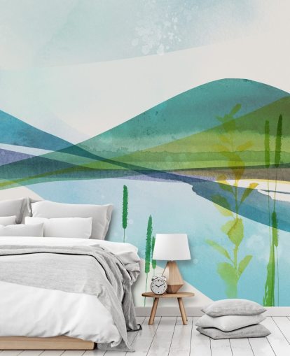 papier peint abstrait lac bleu, vert et jaune