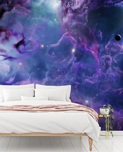 Papel pintado de nebulosas espaciales de color morado oscuro y azul oscuro