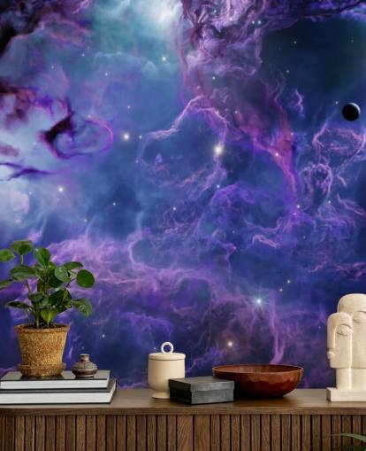 Papel pintado de nebulosas espaciales de color morado oscuro y azul oscuro