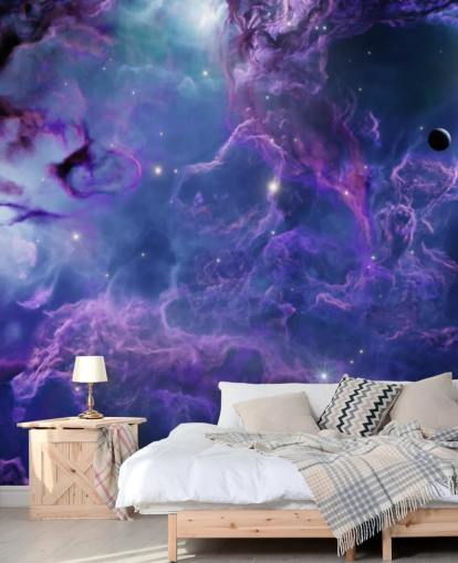 Papel de parede nebular espacial roxo profundo e azul escuro