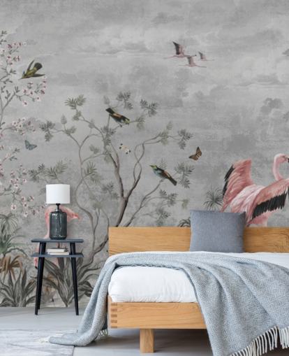 Fundo cinza nublado com galhos e flores cor de rosa e pássaros flamingos