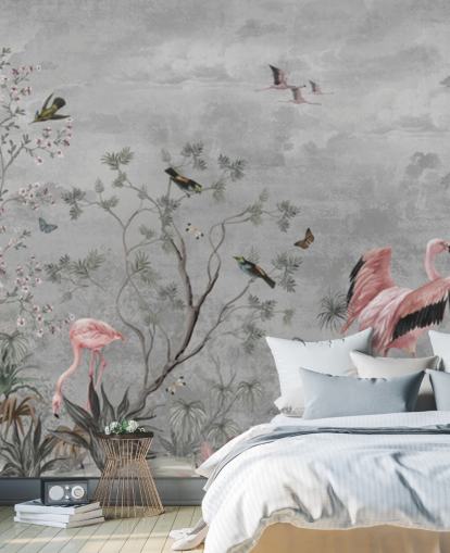 Grijze bewolkte achtergrond met takken en roze bloemen en flamingovogels