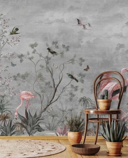 Gray cloudy background with branches and pink flowers and flamingo birds