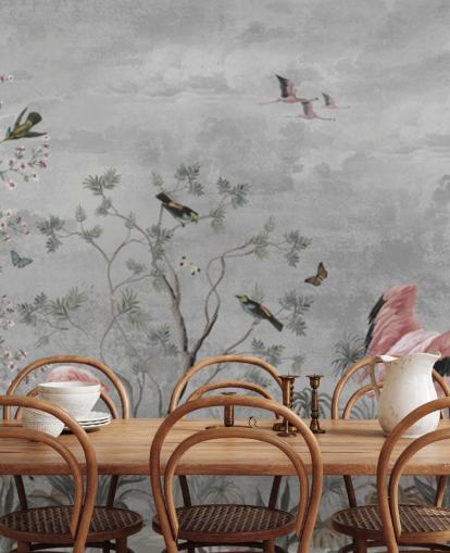Grey cloudy background with branches and pink flowers and flamingo birds Grey cloudy background with branches and pink flowers and flamingo birds