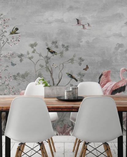 Fundo cinza nublado com galhos e flores cor de rosa e pássaros flamingos Fundo cinza nublado com galhos e flores cor de rosa e pássaros flamingos