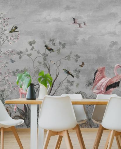 Fond gris nuageux avec branches et fleurs roses et oiseaux flamants