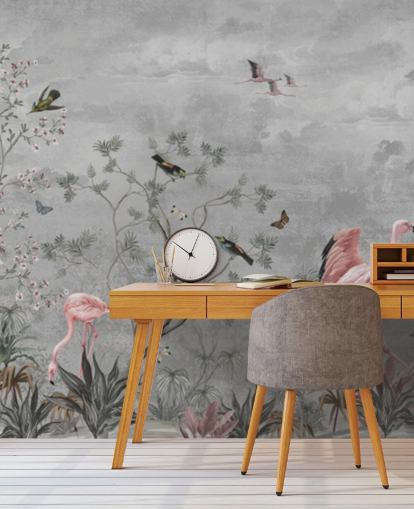 Fundo cinza nublado com galhos e flores cor de rosa e pássaros flamingos