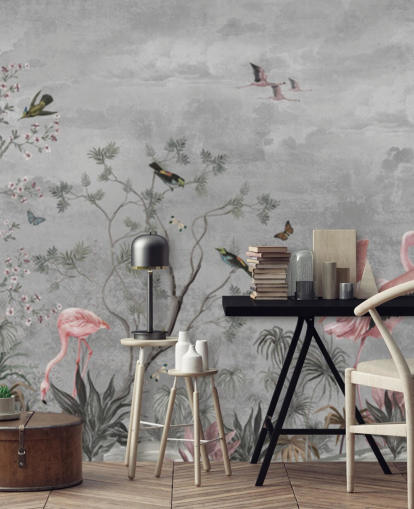 Grey cloudy background with branches and pink flowers and flamingo birds