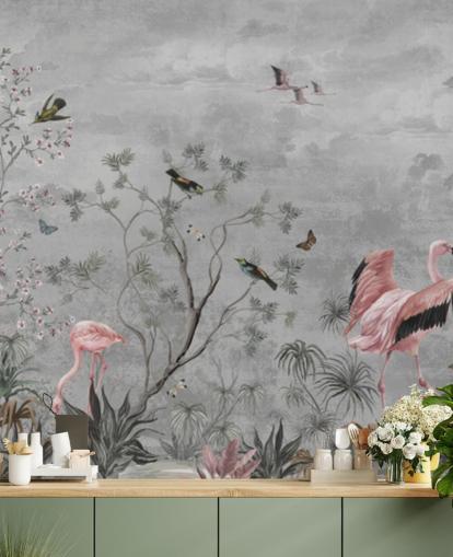 Gray cloudy background with branches and pink flowers and flamingo birds Gray cloudy background with branches and pink flowers and flamingo birds