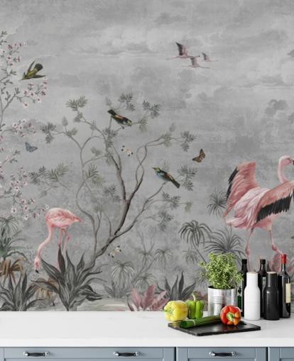 Gray cloudy background with branches and pink flowers and flamingo birds Gray cloudy background with branches and pink flowers and flamingo birds