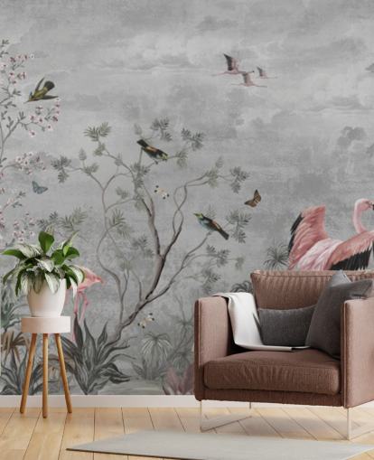 Fondo gris nublado con ramas y flores rosadas y pájaros flamencos