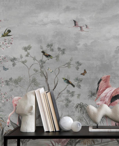 Grey cloudy background with branches and pink flowers and flamingo birds