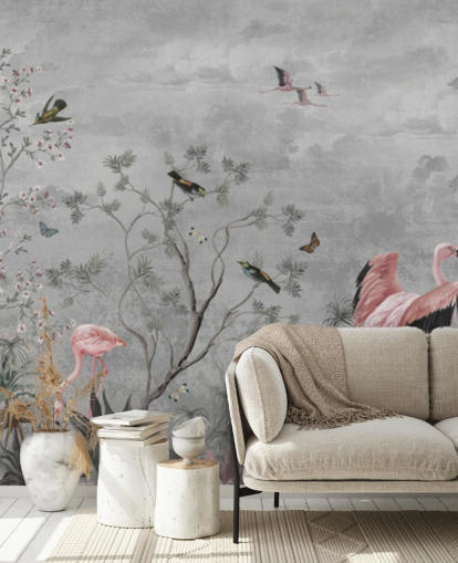 Fondo gris nublado con ramas y flores rosadas y pájaros flamencos Fondo gris nublado con ramas y flores rosadas y pájaros flamencos