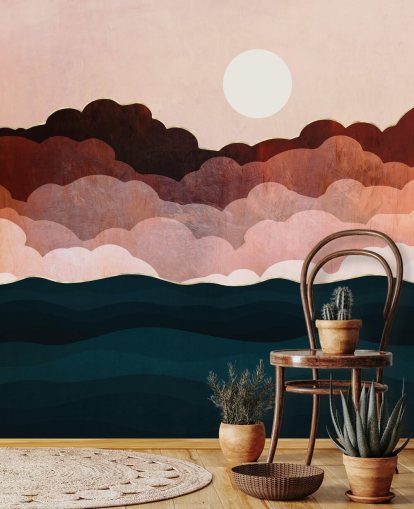 Pink and maroon clouds in a pink sky with a dark blue sea wall mural