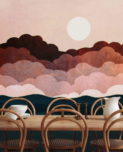 Rosa og rødbrune skyer på en rosa himmel med et mørkeblått havveggmaleri Rosa og rødbrune skyer på en rosa himmel med et mørkeblått havveggmaleri