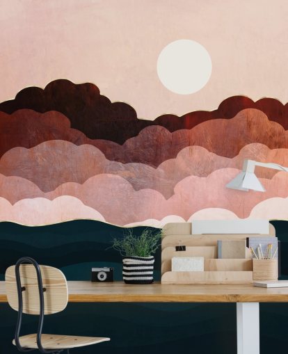 Pink and maroon clouds in a pink sky with a dark blue sea wall mural Pink and maroon clouds in a pink sky with a dark blue sea wall mural