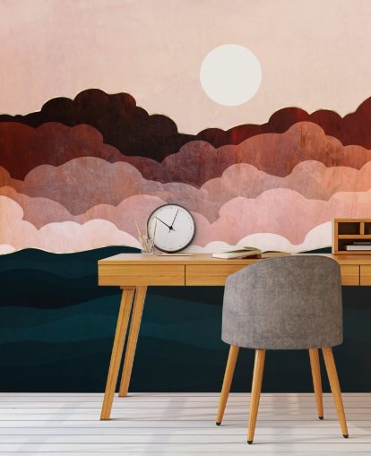 Pink and maroon clouds in a pink sky with a dark blue sea wall mural Pink and maroon clouds in a pink sky with a dark blue sea wall mural