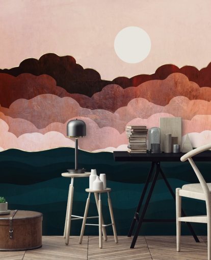 Roze en kastanjebruine wolken in een roze lucht met een donkerblauwe zeemuurschildering