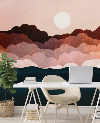 Nuvens rosa e marrom em um céu rosa com um mural de parede de mar azul escuro Nuvens rosa e marrom em um céu rosa com um mural de parede de mar azul escuro