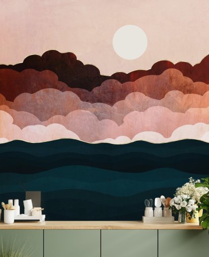 Nuvens rosa e marrom em um céu rosa com um mural de parede de mar azul escuro