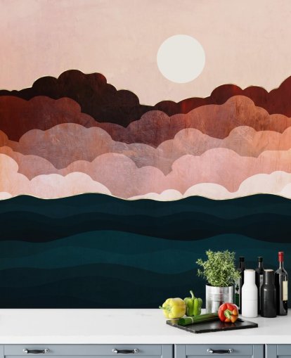 Nuages roses et marrons dans un ciel rose avec une fresque murale bleu foncé