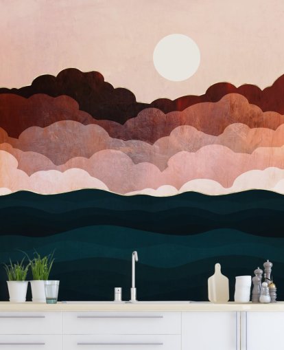 Nuvens rosa e marrom em um céu rosa com um mural de parede de mar azul escuro