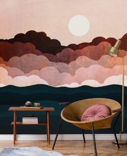 Pink and maroon clouds in a pink sky with a dark blue sea wall mural