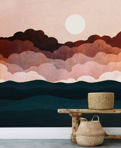 Nubes rosadas y granates en un cielo rosa con un mural marino azul oscuro Nubes rosadas y granates en un cielo rosa con un mural marino azul oscuro