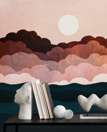 Nuages roses et marrons dans un ciel rose avec une fresque murale bleu foncé Nuages roses et marrons dans un ciel rose avec une fresque murale bleu foncé