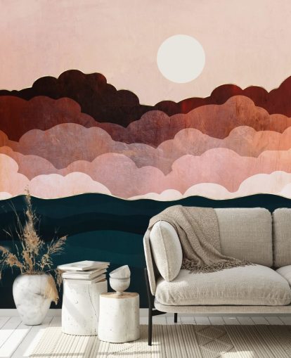 Nuages roses et marrons dans un ciel rose avec une fresque murale bleu foncé