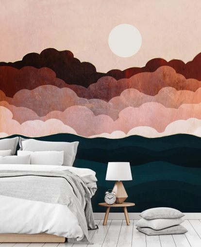 Nubi rosa e marrone rossiccio in un cielo rosa con un murale marino blu scuro Nubi rosa e marrone rossiccio in un cielo rosa con un murale marino blu scuro