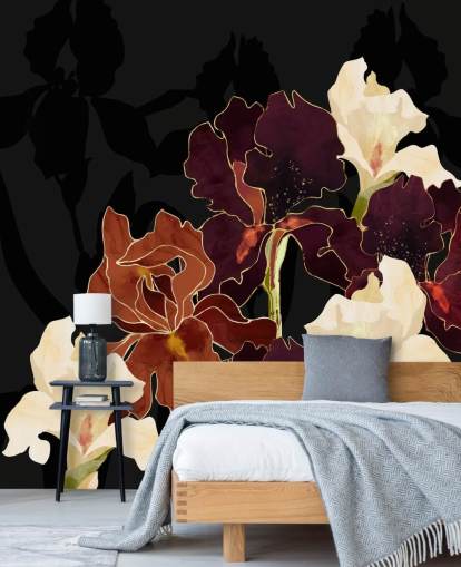 Zwarte achtergrond met een mix van paarse, bruine en witte irisbloemen Zwarte achtergrond met een mix van paarse, bruine en witte irisbloemen