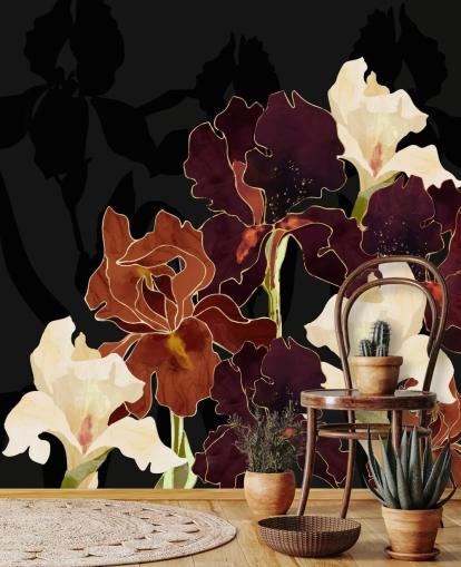 Zwarte achtergrond met een mix van paarse, bruine en witte irisbloemen