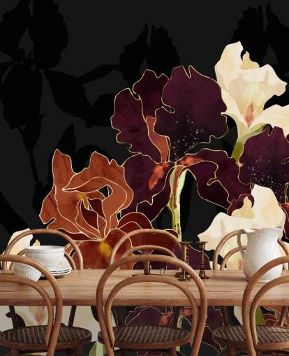 Black background with a mixture of purple, brown and white iris flowers Black background with a mixture of purple, brown and white iris flowers