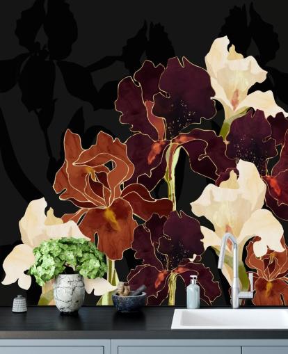 Black background with a mixture of purple, brown and white iris flowers wall mural